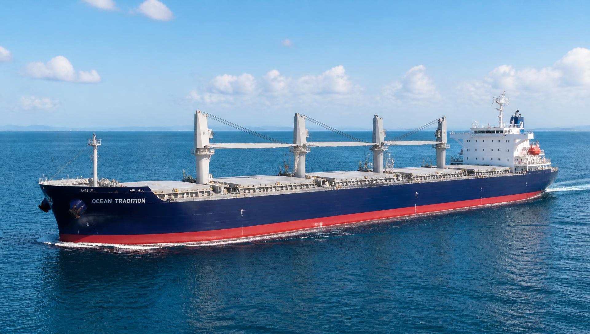 Ultramax dry bulk carrier with deck cranes underway at sea