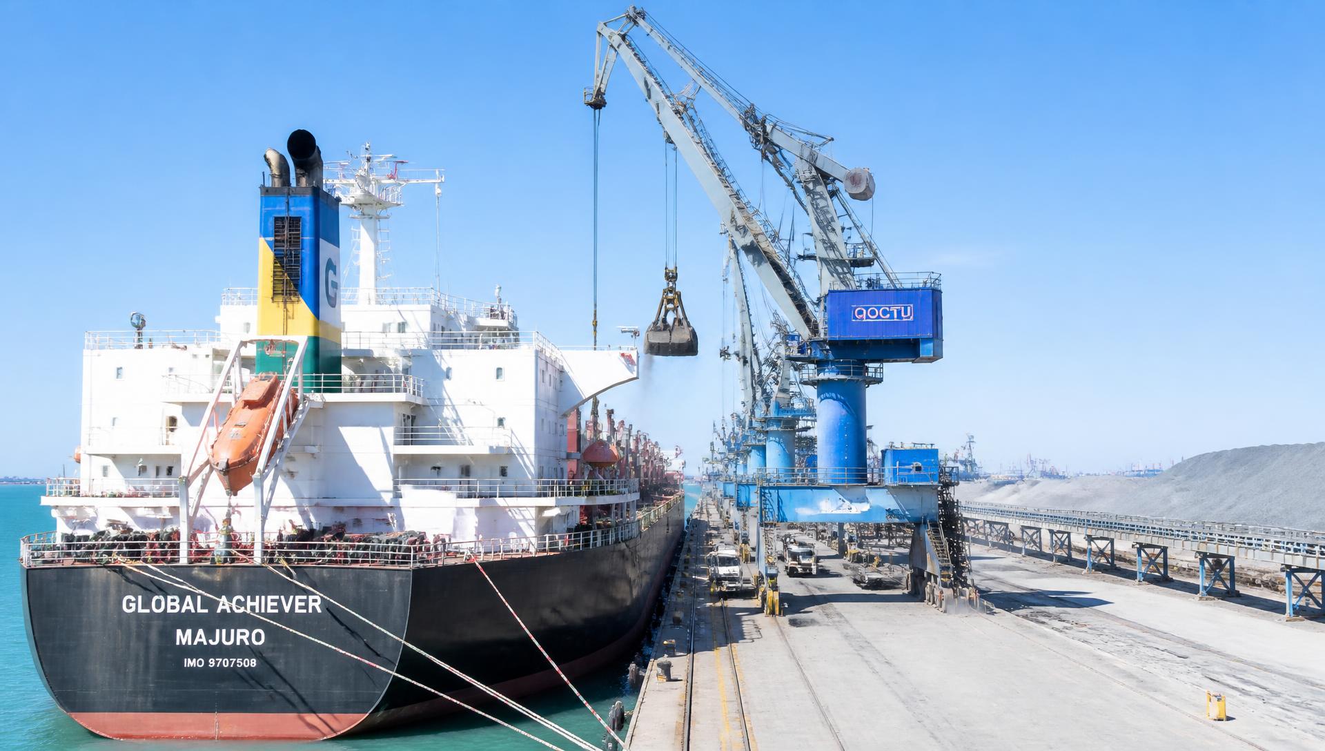 Dry bulk terminal with loading cranes at an international port